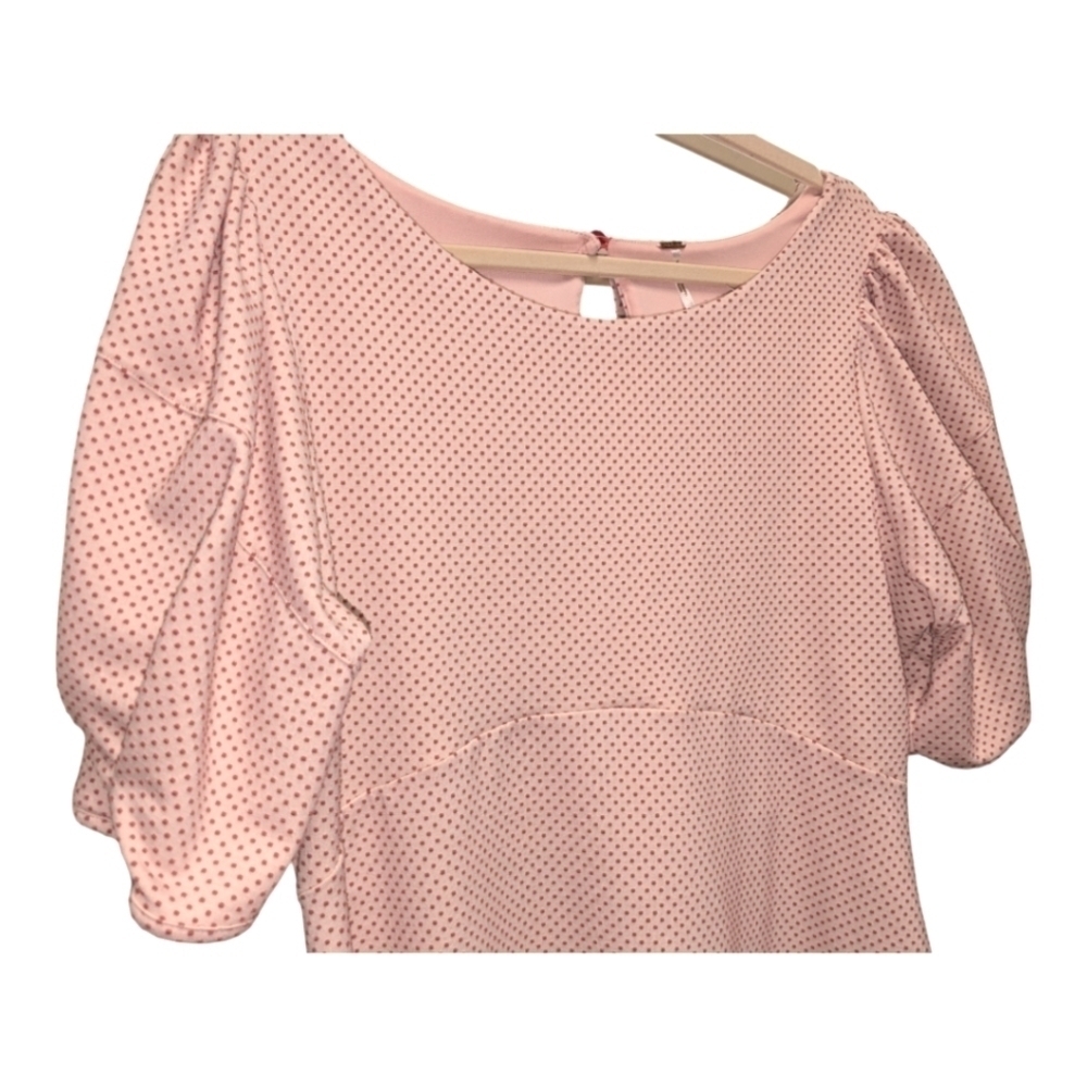 Free People Penelope mini dress pink polka dot puff sleeve fit and flare - Picture 4 of 6